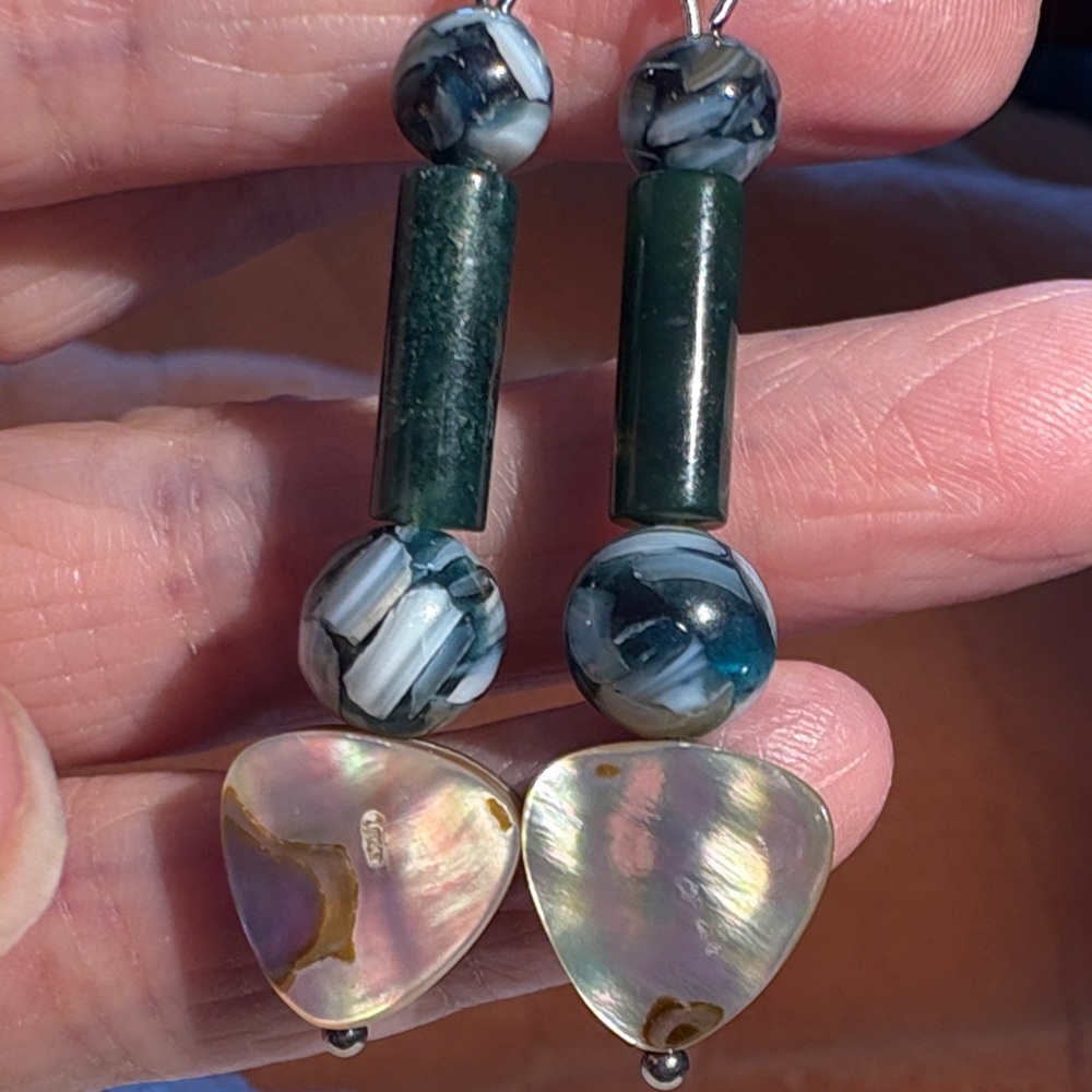 Hand Crafted Nacre and Dark Green Dangle Earrings - Picture 2 of 2
